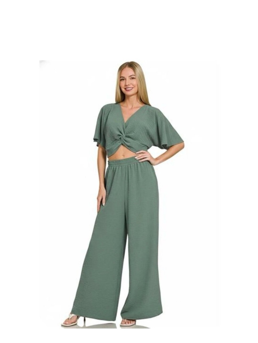 Zenana Women's Sage Green Wide-Leg Pants & Crop Top Set Size Small